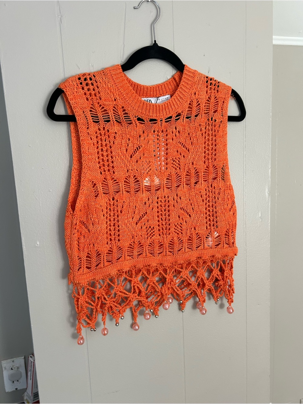 Zara Orange Crochet Fringe Tank Top